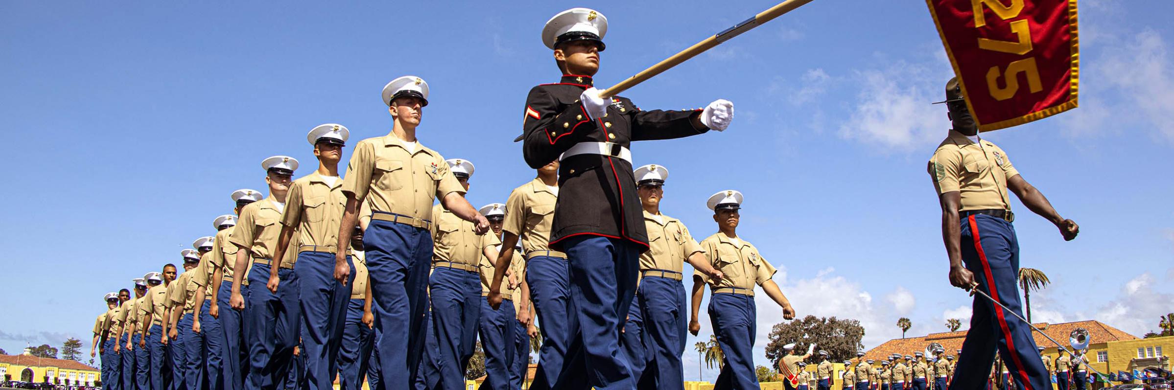 Image of new Marines at MCRD San Diego boot camp graduation.
