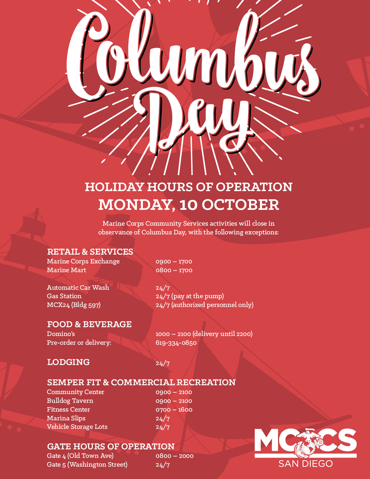 MCCS Columbus Day Holiday Hours of Operation