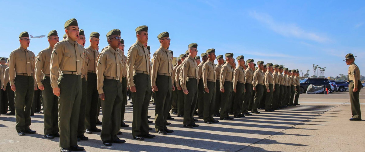 Images of graduating marine Recruits platoon formation.